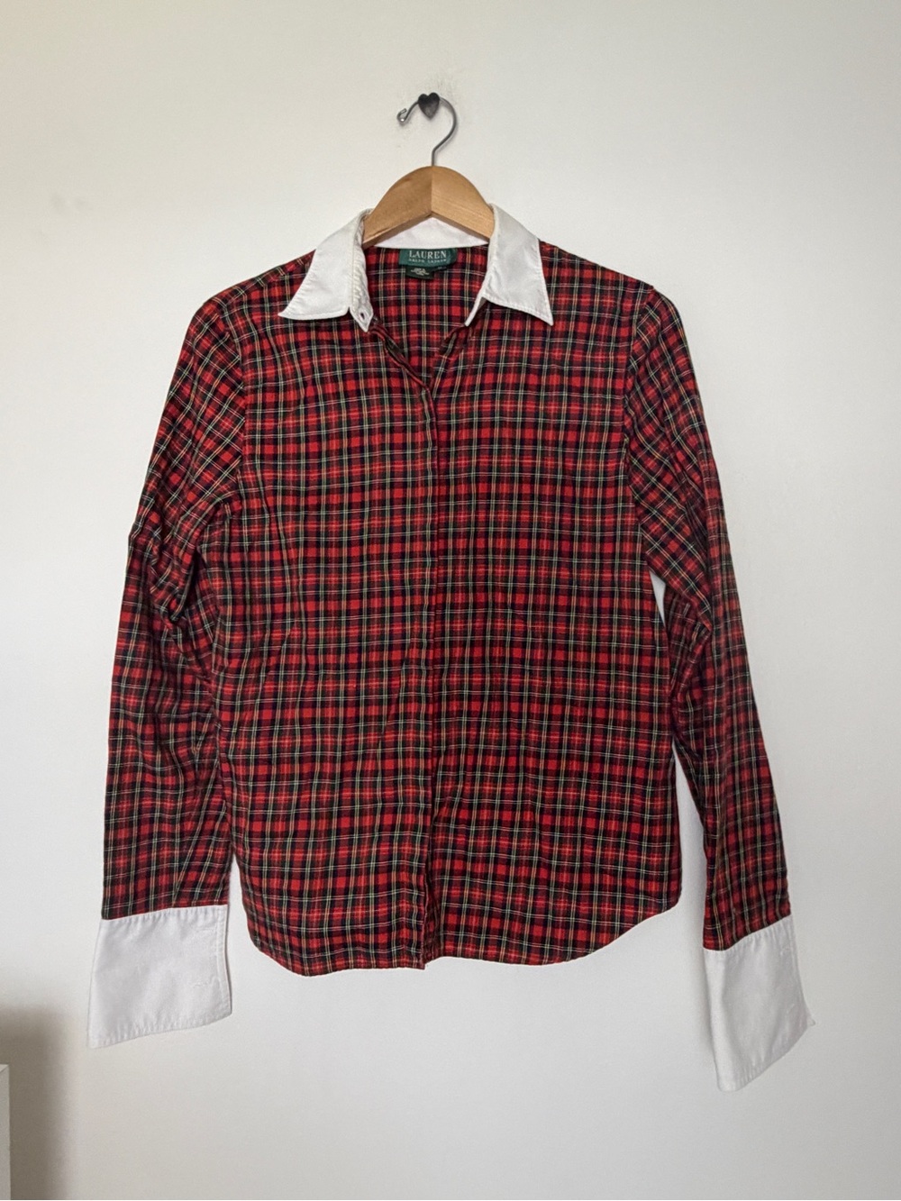 Vintage Lauren Ralph Lauren Red Plaid Button-Up Shirt with White Collar